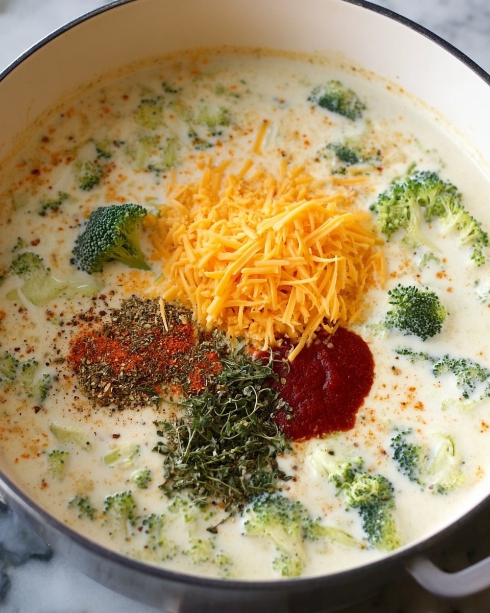 A close-up view of a white pan filled with a creamy white soup base with small light green broccoli florets scattered evenly throughout. On top of the soup, there is a pile of bright orange shredded cheese sitting in the center. Next to the cheese, there are dollops of deep red tomato paste and a variety of dried green, brown, and red spices sprinkled in small separate piles, all floating on the creamy surface. The pan sits on a white marbled surface. Photo taken with an iphone --ar 4:5 --v 7