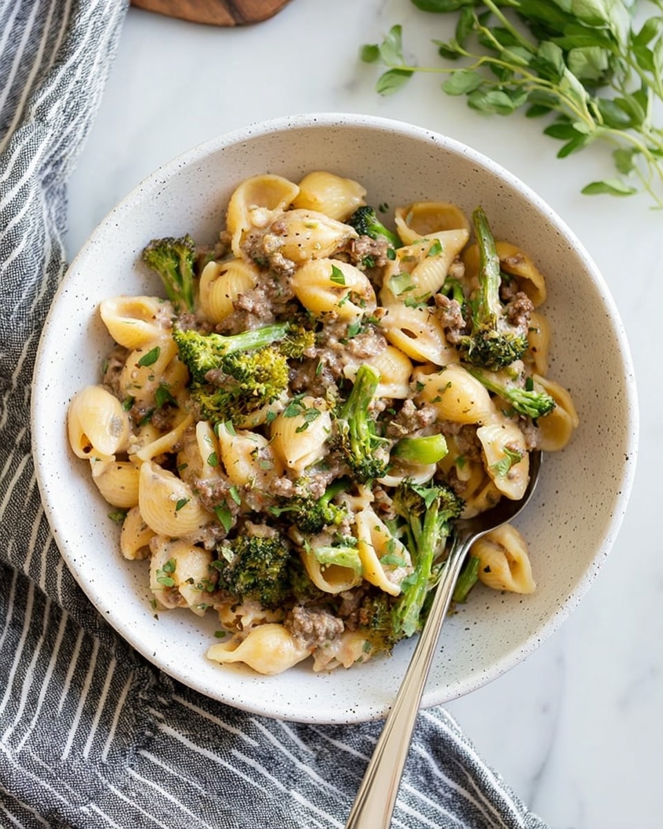 A white speckled bowl holds a creamy pasta dish with three main layers: soft yellow shell pasta pieces, vibrant green broccoli florets, and small brown ground meat bits, all mixed and coated in a light sauce with small green herb pieces sprinkled on top. A silver spoon rests inside the bowl, and the bowl sits on a white marbled surface with a gray and white striped cloth nearby and some fresh green herbs partially visible in the corner. Photo taken with an iphone --ar 4:5 --v 7