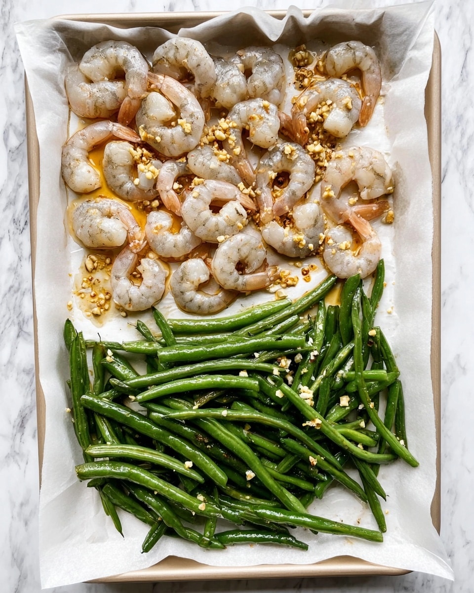 The dish shows one layer of cooked green beans mixed with shrimp on a white baking tray lined with white parchment paper. The green beans are long, bright green with slight browning, and placed in a scattered arrangement, while the shrimp are orange-pink, small, and curled, spread evenly among the beans. The food is topped with small white sesame seeds and chopped green onion pieces, scattered all over. Some sauce droplets add a shiny, dark brown glaze on both shrimp and beans. The tray sits on a white marbled surface with a small white bowl of sesame seeds nearby. Photo taken with an iphone --ar 4:5 --v 7