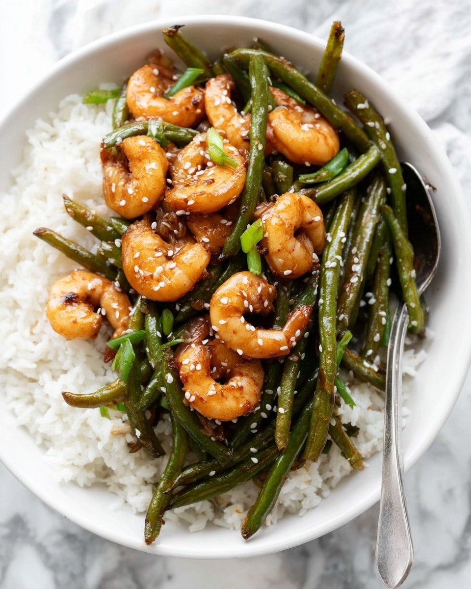 A white bowl filled with three layers: the bottom layer is white rice with soft, fluffy grains; on top, bright green long beans with a slight shine from oil; the top layer has orange-brown cooked shrimp scattered over the beans, covered with white sesame seeds and small green onion pieces. A silver spoon is placed inside the bowl on the right side, and the bowl is on a white marbled surface. photo taken with an iphone --ar 4:5 --v 7