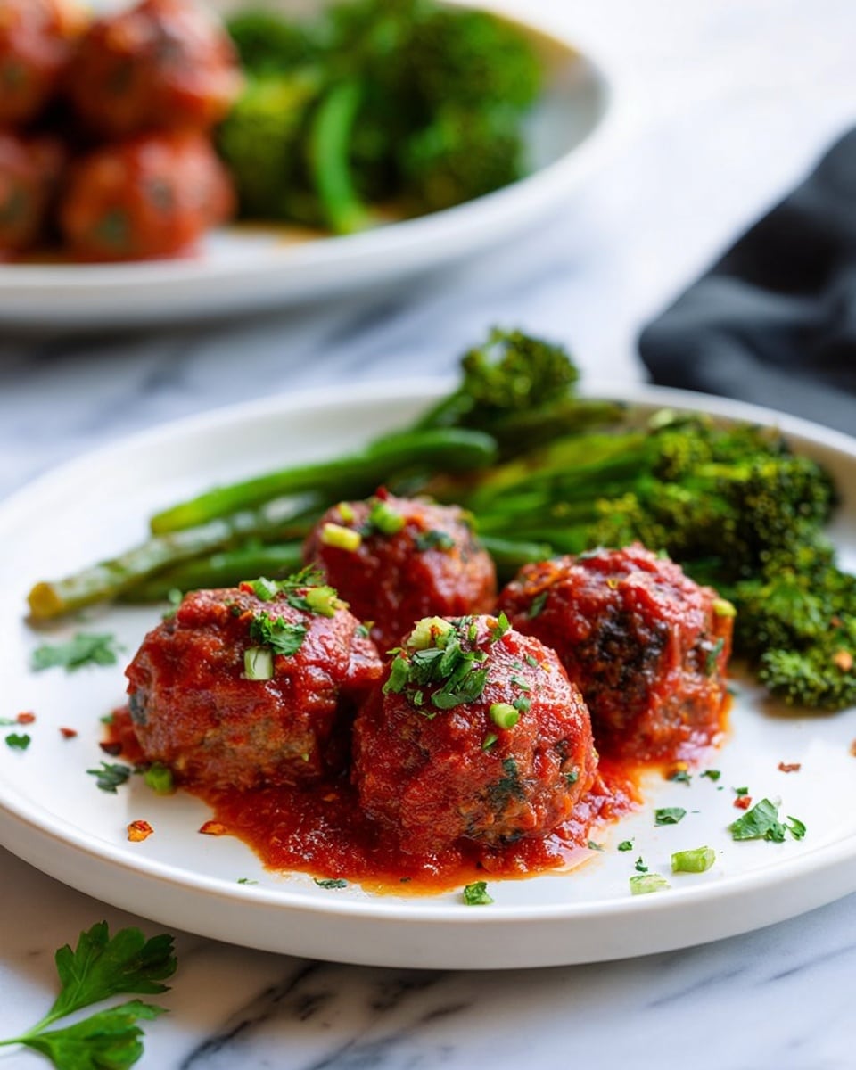A white plate holds five round meatballs covered in bright red tomato sauce, topped with thin white shredded cheese and small green herb pieces. To the right side of the plate, there is a mix of roasted green broccoli florets and green beans, showing a slightly charred texture. A gold fork rests on the edge of the plate on the right side. A few green flat parsley leaves are placed near the meatballs, and some red chili flakes scatter around the plate on a white marbled surface. photo taken with an iphone --ar 4:5 --v 7