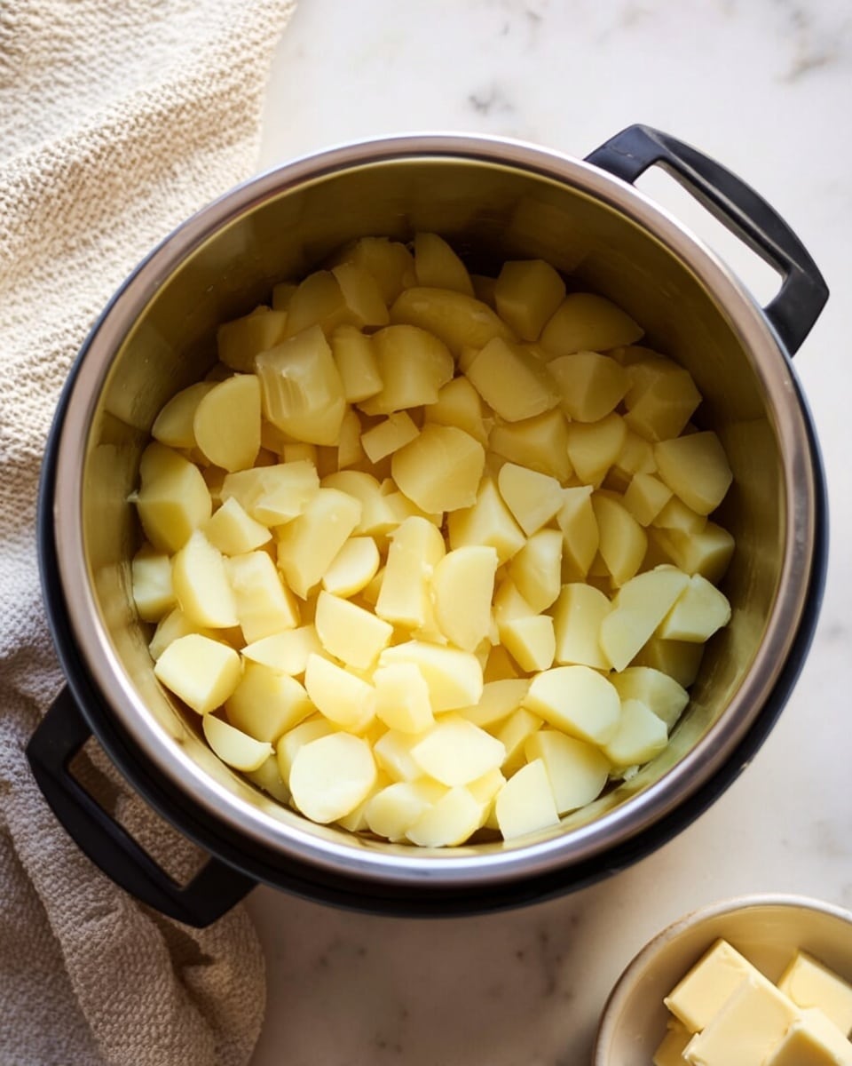 A top view of a large steel pot filled with evenly cut, peeled potato pieces in a light yellow color, arranged in one thick layer inside the pot, with a soft and smooth texture, set on a white marbled surface. The metal pot has black parts on the outside edge. In the background, there is a cream-colored textured cloth partially visible. To the bottom right side, a small white bowl holds a few butter pieces in pale yellow color, the butter pieces have smooth shiny texture. Photo taken with an iphone --ar 4:5 --v 7