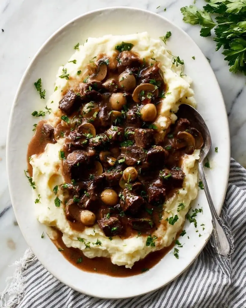 Crockpot and Instant Pot Beef Tips with Pearl Onions and Mushroom Gravy Recipe