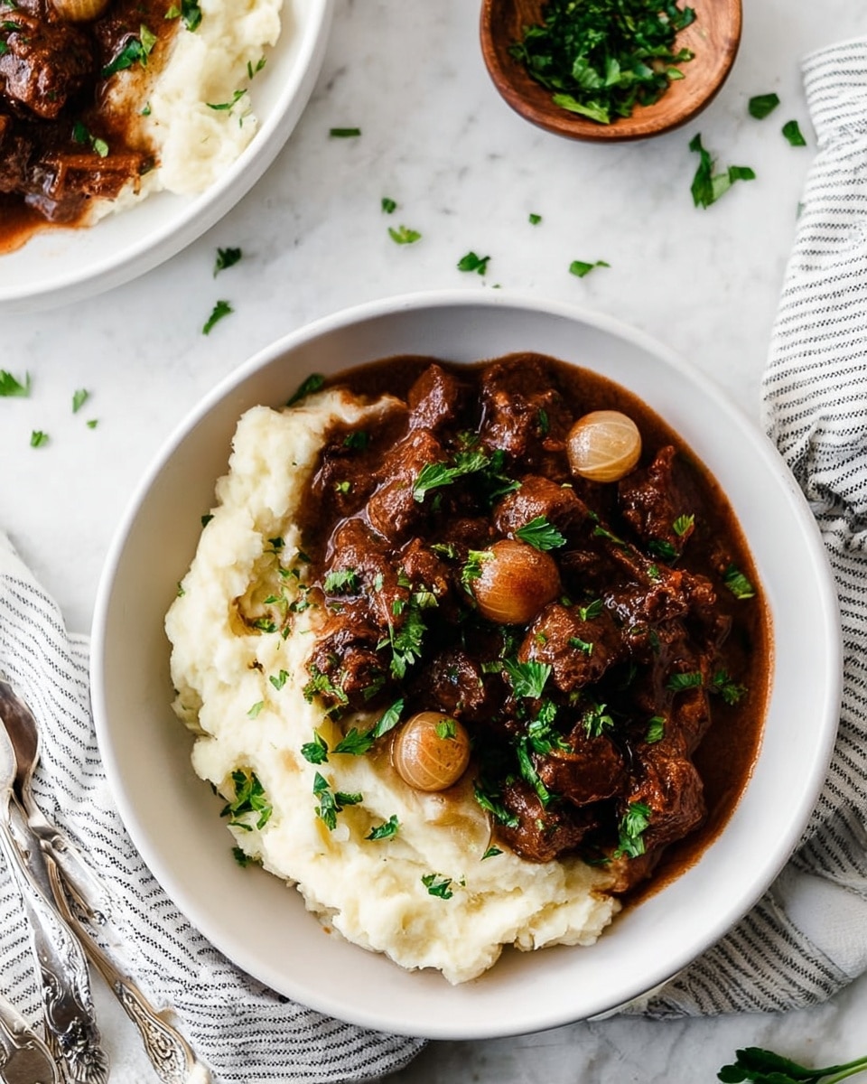 A large white oval plate holds two main layers. The bottom layer is creamy mashed potatoes, pale cream in color with a smooth, slightly fluffy texture, spread evenly across the plate. On top is a rich brown stew of small beef pieces mixed with golden pearl onions and dark sliced mushrooms, all coated in thick sauce. The stew is garnished with small bright green parsley leaves scattered on and around the stew. A silver spoon rests in the mashed potatoes on the right side of the plate, with its handle extending outwards. The plate sits on a white marbled surface with a striped cloth visible on the left side and some parsley sprigs to the top right. photo taken with an iphone --ar 4:5 --v 7