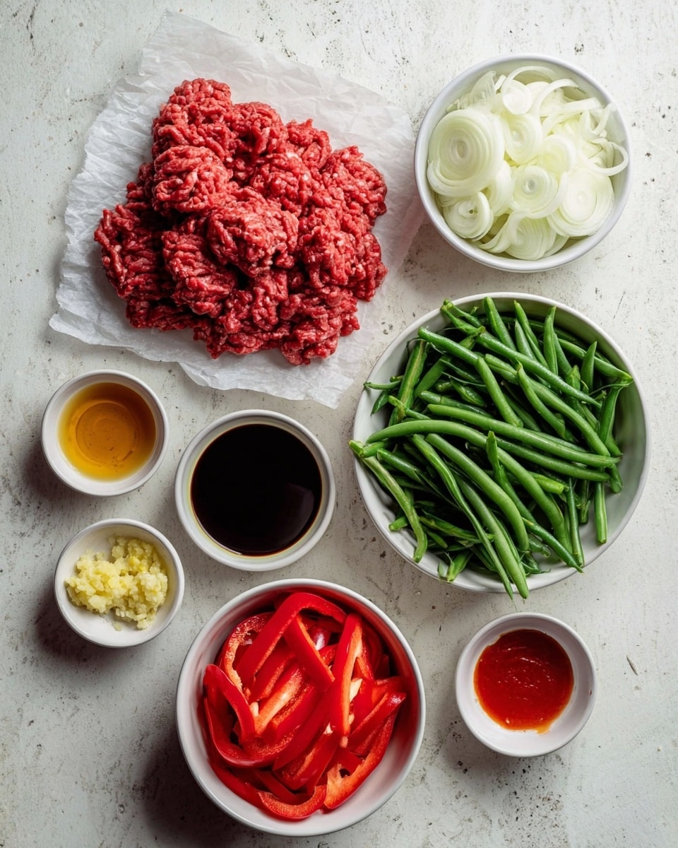 A white marbled surface holds several bowls and small dishes with ingredients arranged neatly: a pile of bright red ground meat on white parchment paper at the center, a white bowl with thinly sliced white onions to the top right, a white bowl filled with long green beans below, and another white bowl containing sliced red bell peppers to the bottom left. Surrounding these are small white dishes holding light yellow minced garlic, pale yellow minced ginger, dark soy sauce, a small amount of golden honey or oil, and vibrant red chili sauce, all evenly spaced to create a balanced and colorful layout. Photo taken with an iphone --ar 4:5 --v 7