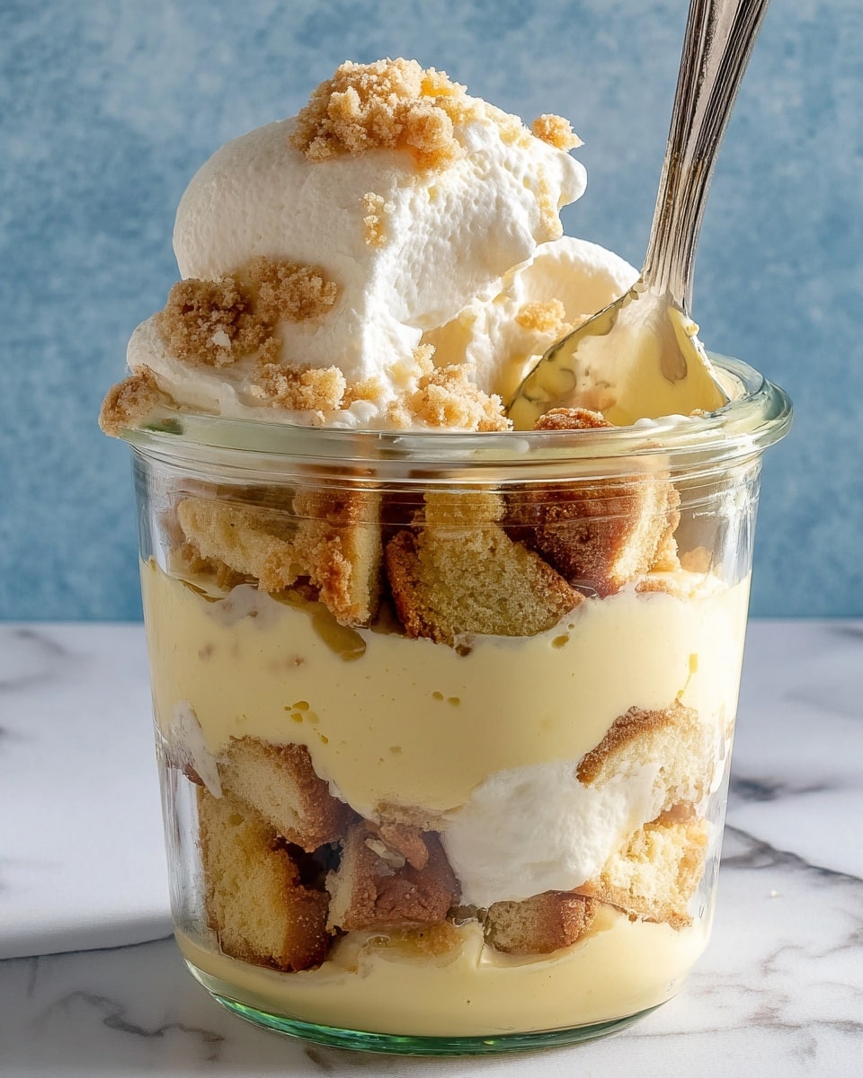 The dessert is in a clear glass jar with three main layers. The bottom layer is made of light brown cookie pieces, looking soft and crumbly. The middle layer is a thick light yellow cream that looks smooth and creamy, covering part of the cookie pieces. Above this is another layer of crumbled light brown cookies, slightly mixed with the cream. The top layer is a large dollop of white whipped cream, soft and fluffy, with some cookie crumbs on it. A silver spoon is pressing down into the whipped cream from the top right. The background is a white marbled surface with a soft blue backdrop. Photo taken with an iphone --ar 4:5 --v 7