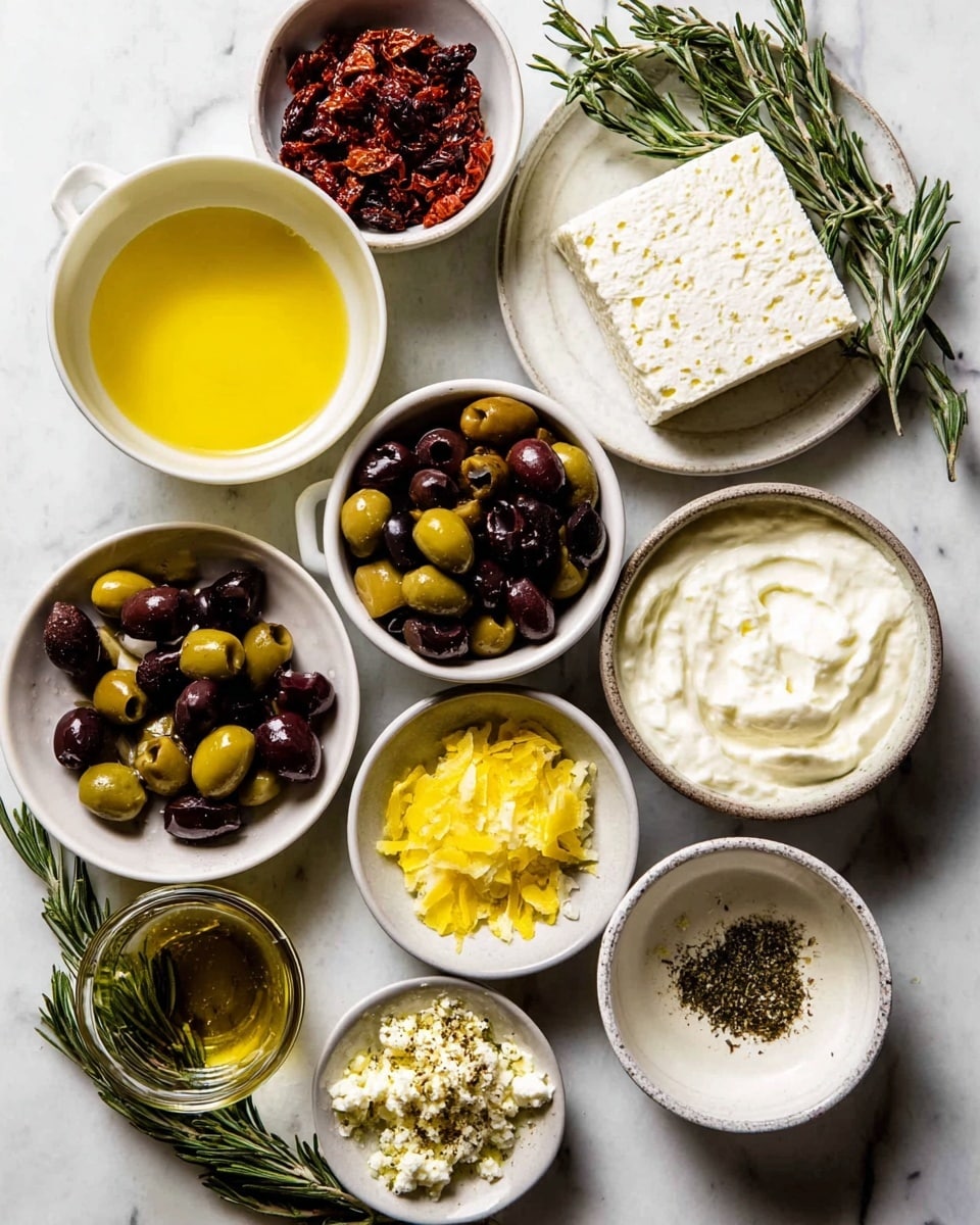 The image shows a white marbled surface with ten small white bowls and plates arranged neatly. One bowl contains yellow olive oil, another has finely chopped sun-dried tomatoes in a dark red color. There is a bowl filled with green and black olives, some whole and some sliced. A white plate holds a block of crumbly white cheese. Another bowl contains creamy white yogurt or sour cream, with a smooth texture. One dish has bright yellow lemon zest, another with coarse black pepper. A small bowl holds pale yellow minced garlic, and next to it, another bowl contains dried green herbs. Fresh sprigs of dark green rosemary lie on a white plate nearby. The whole scene is bright and clean, showing fresh ingredients well-organized on the white marbled surface photo taken with an iphone --ar 4:5 --v 7