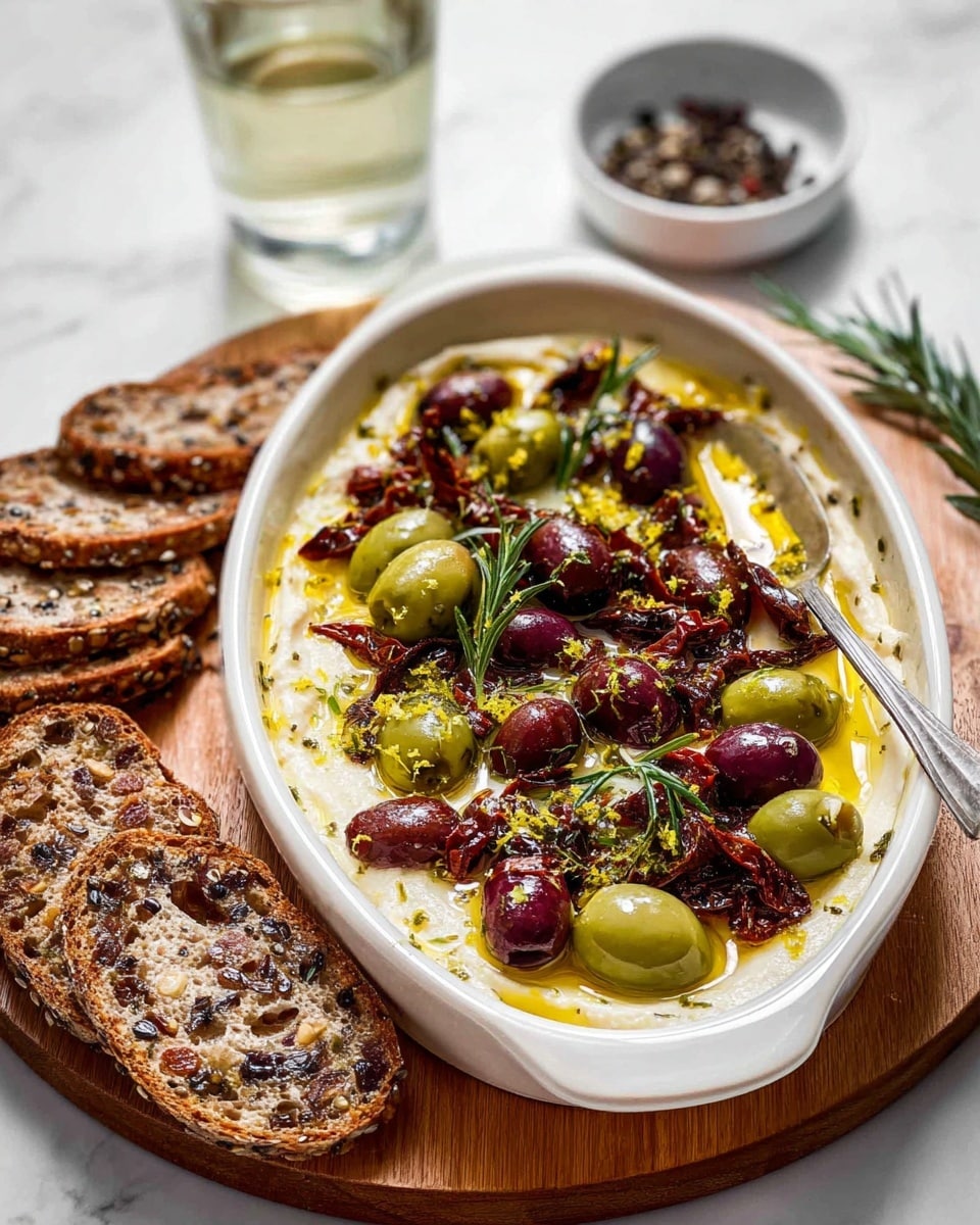 The dish is served in a white oval ceramic dish placed on a round wooden board. The bottom layer is smooth and creamy white cheese spread, topped with a mix of whole and halved green and dark purple olives. Scattered among the olives are small pieces of dark sun-dried tomatoes and sprigs of fresh green rosemary for garnish. There is a light drizzle of golden olive oil pooling around the olives, and a fine sprinkling of yellow lemon zest and dried herbs covers the top. A silver spoon rests inside the dish on the right side. Surrounding the wooden board are several thin slices of dark multigrain bread with visible seeds. In the background, there is a clear glass of light-colored drink and a small white bowl filled with cracked black pepper, all set on a white marbled surface. Photo taken with an iphone --ar 4:5 --v 7