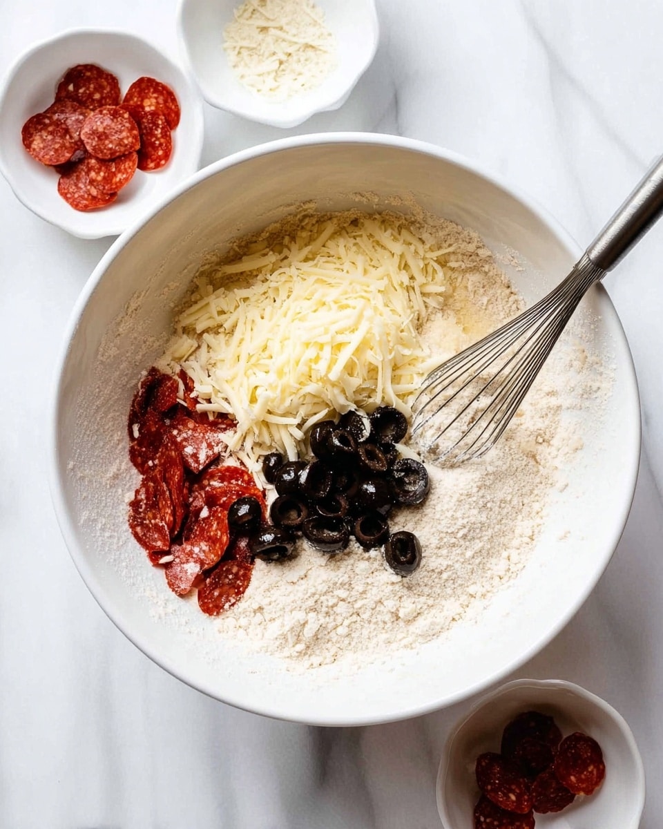 In a white bowl on a white marbled surface, there is a mixture of ingredients layered inside. The bottom layer is a light beige flour mix, with shredded pale yellow cheese piled in one section on top. Next to the cheese are slices of black olives, glossy and round, sitting in the middle. To the left of the olives are small pieces of reddish pepperoni. A silver whisk rests inside the bowl, partially buried in the ingredients. Around the bowl on the marbled surface, there are small white dishes with more pepperoni slices and black olive pieces scattered nearby. photo taken with an iphone --ar 4:5 --v 7