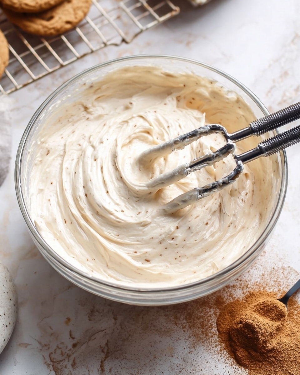A clear glass bowl filled with thick, creamy off-white frosting with subtle specks throughout, giving it a smooth but textured look. Two metal beaters from a mixer are partially submerged in the frosting, showing soft swirls where they have stirred. The bowl sits on a white marbled surface with a small pile of brown spice powder on the bottom right. In the background, some light brown cookies rest on a wire cooling rack, slightly out of focus. Photo taken with an iphone --ar 4:5 --v 7