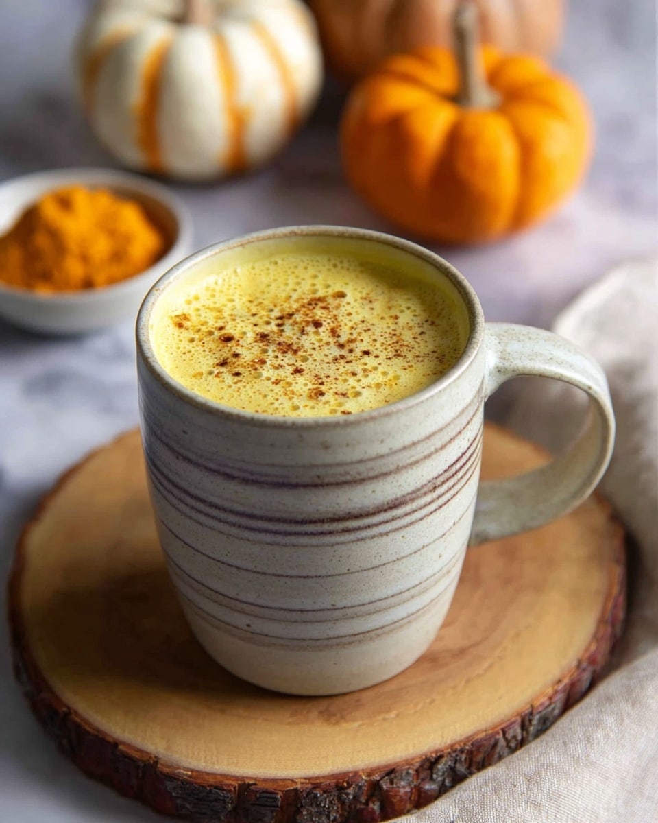 A light gray ceramic mug with simple horizontal stripes holds a warm yellow drink topped with frothy bubbles and sprinkled with fine brown spices, resting on a round wooden board with natural rings. In the blurred white marbled background, small orange and white pumpkins and a small dish with a scoop of bright orange puree add a cozy, autumn feel. photo taken with an iphone --ar 4:5 --v 7