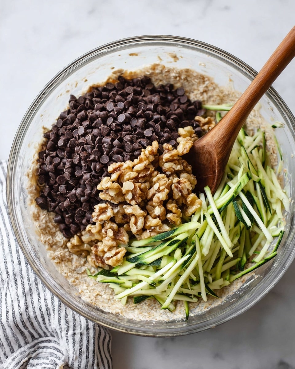 A clear glass bowl sits on a white marbled surface, filled with a mix of ingredients in four main parts before mixing. The bottom layer is a thick, beige oatmeal mixture spread evenly at the base. On the left side of the bowl, a large pile of dark brown chocolate chips rests with a smooth, shiny texture. To the right of the chocolate chips, there is a heap of light brown walnut pieces with rough, uneven shapes. On the top right, a fresh pile of thin, bright green zucchini strips with some dark green skin bits is stacked loosely. A wooden spoon is resting inside the bowl, partly buried under the walnut pieces and zucchini strips. A striped cloth towel is partially visible at the bottom edge of the image. Photo taken with an iphone --ar 4:5 --v 7