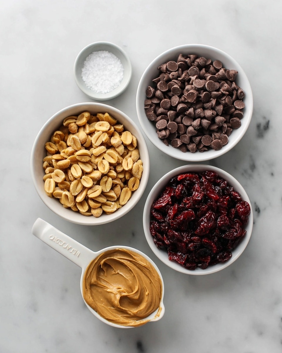 The image shows five white dishes on a white marbled surface, each holding different ingredients. In the largest bowl at the bottom left, there are golden brown roasted peanuts with some skins on. Next to it on the bottom right, a smaller bowl is filled with dark red dried cranberries that have a shiny, slightly wrinkled texture. At the top right, a medium-sized bowl contains a large amount of small, smooth, dark brown chocolate chips. Below that, a white measuring cup holds creamy, light brown peanut butter with a smooth surface and a small swirl on top. Finally, a very small round bowl at the top left has coarse white salt. The arrangement forms a loose circle, showing a variety of textures and colors in a neat and clean composition. Photo taken with an iphone --ar 4:5 --v 7