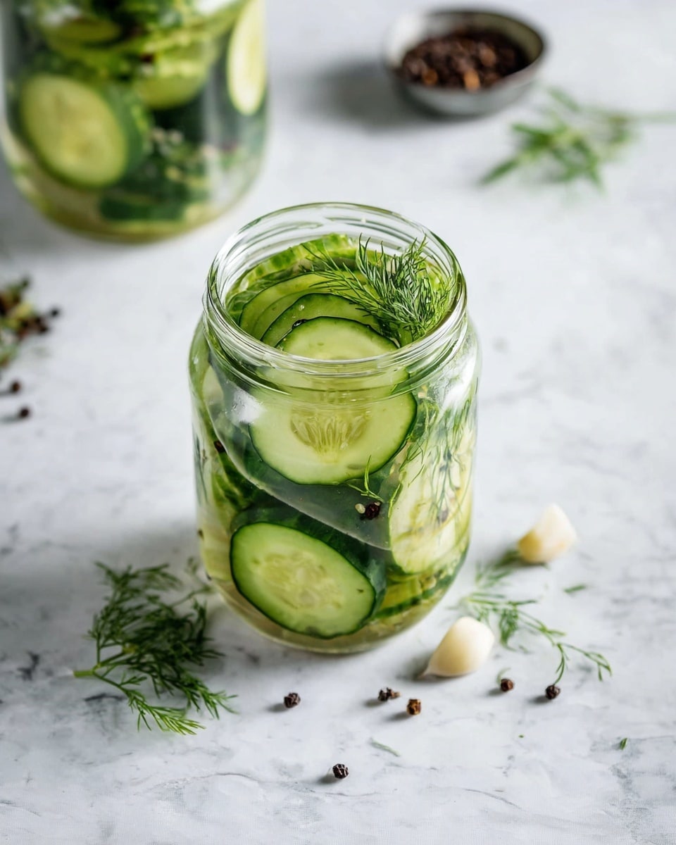 The image shows a glass jar filled with light green pickling liquid. Inside the jar are five thick slices of cucumber arranged at different angles, with a few sprigs of fresh dill placed in the center. Scattered around the cucumbers are small black peppercorns and a few small pieces of white garlic. The jar sits on a white marbled surface, with some dill sprigs and peppercorns spread nearby. In the background, a second jar filled with more cucumber slices is partially visible, along with a small metal bowl holding black peppercorns. Photo taken with an iphone --ar 4:5 --v 7