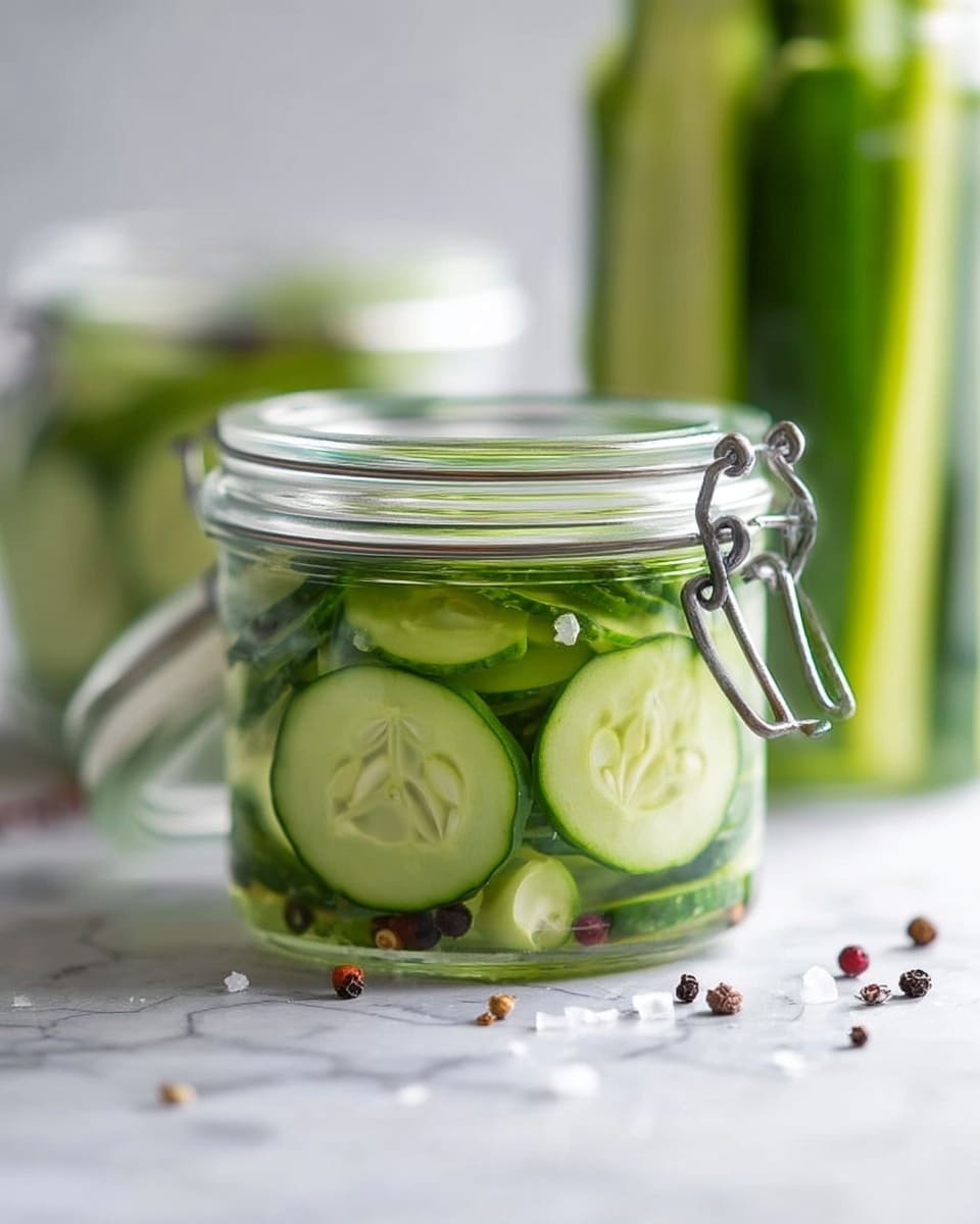 A clear glass jar filled with tall, thin cucumber slices standing vertically, their green skin bright and fresh. Inside the jar, there are layers of green dill sprigs interspersed evenly among the cucumber slices, along with small black whole peppercorns floating in a clear pickling liquid that fills the jar almost to the top. The jar is placed on a white marbled surface with a small fresh dill sprig and black peppercorns scattered nearby. The scene is well-lit and fresh, showing the clean and vibrant colors of the pickles and herbs. Photo taken with an iphone --ar 4:5 --v 7