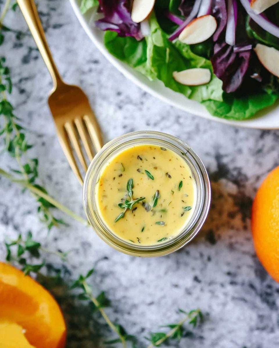 A small glass jar with a yellow creamy dressing inside, topped with a few small green herb leaves floating on top. The jar sits on a white marbled surface with sprigs of fresh green herbs scattered around it. Behind the jar, a white plate with a salad and a gold fork rests near the upper left, and to the upper right, there is a half orange showing its bright orange interior. The scene is bright and fresh with natural light, photo taken with an iphone --ar 4:5 --v 7