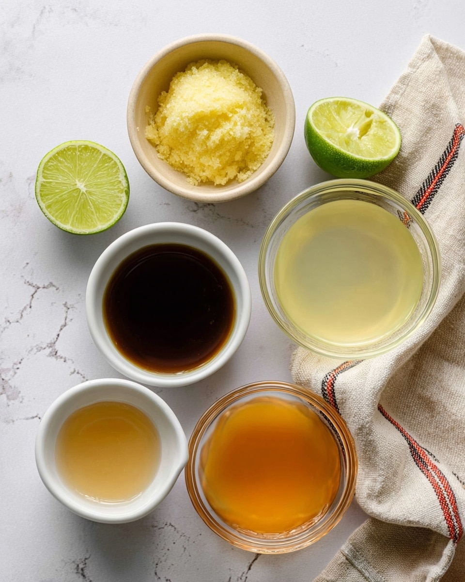 The image shows six ingredients arranged on a white marbled surface. At the top center, there is a small beige bowl filled with a light yellow, finely grated or mashed substance. To its left, a small white bowl contains a dark brown liquid, smooth in texture. To the right, a small white bowl holds a golden-orange liquid. In the center, there is a clear glass bowl with a pale yellow, slightly cloudy liquid. At the bottom left, a small white bowl has a light brown liquid. Two lime halves are placed on the surface—one cut side up on the left and one cut side up on the right near a whole lime that rests on a beige cloth with thin red and black stripes. Photo taken with an iphone --ar 4:5 --v 7