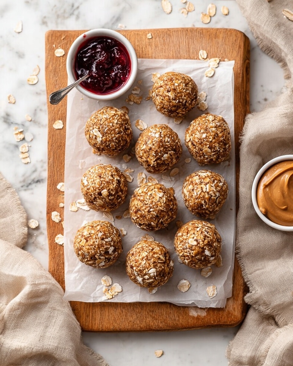 There are eleven round oat balls arranged in a rough oval shape on a piece of white paper placed on a wooden board. Each ball looks rough and textured with visible oat flakes covering the outside, showing a golden brown color with some white oat flakes scattered around. To the left side, there is a small white bowl filled with dark red jam with a spoon inside, and to the right side, a small white bowl with smooth peanut butter. The background is a white marbled surface with some beige cloth partially visible underneath the wooden board. photo taken with an iphone --ar 4:5 --v 7