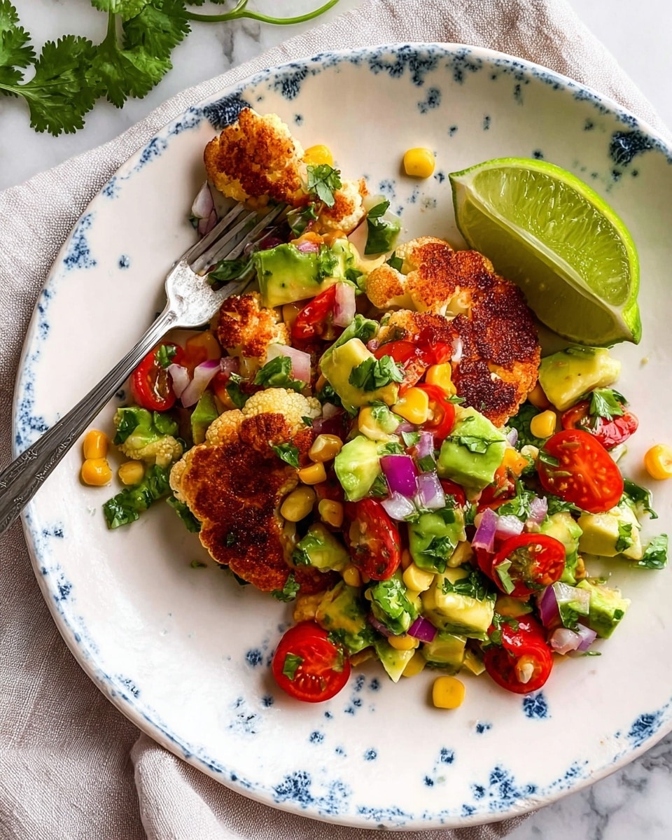 The image shows a colorful salad in a white bowl with blue patterns. The salad has many small pieces layered together: green chunks of avocado, bright red cherry tomatoes sliced in half, yellow corn kernels, small chopped purple onions, and chopped green cilantro spread evenly over the top. A silver spoon is placed inside the bowl, resting on one side of the salad. The bowl sits on a white marbled surface with a beige cloth underneath. Around the bowl, there are lime wedges in a small white bowl with a red rim, a squeezed lime half, and a green drink with a lemon slice. The whole scene looks fresh and vibrant, with strong natural light. photo taken with an iphone --ar 4:5 --v 7
