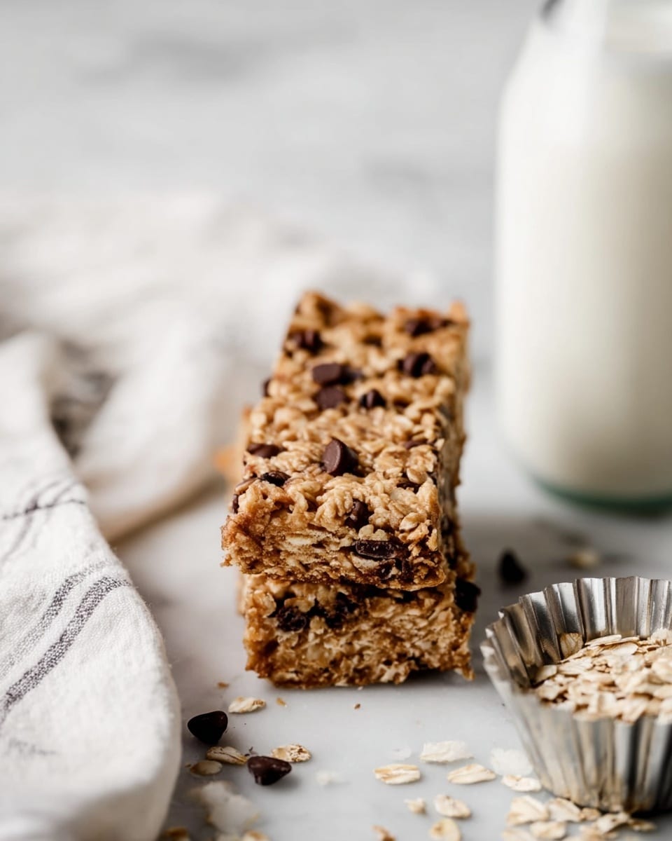 A stack of four thick, rectangular granola bars with a dense texture made of oats and chocolate chips; each bar has a light brown, rough surface with scattered dark chocolate spots throughout. The bars are neatly piled one on top of the other on a white marbled surface, with some loose oats and chocolate pieces nearby. To the right, there is a clear glass bottle filled with white milk. The background is plain white. Photo taken with an iphone --ar 4:5 --v 7