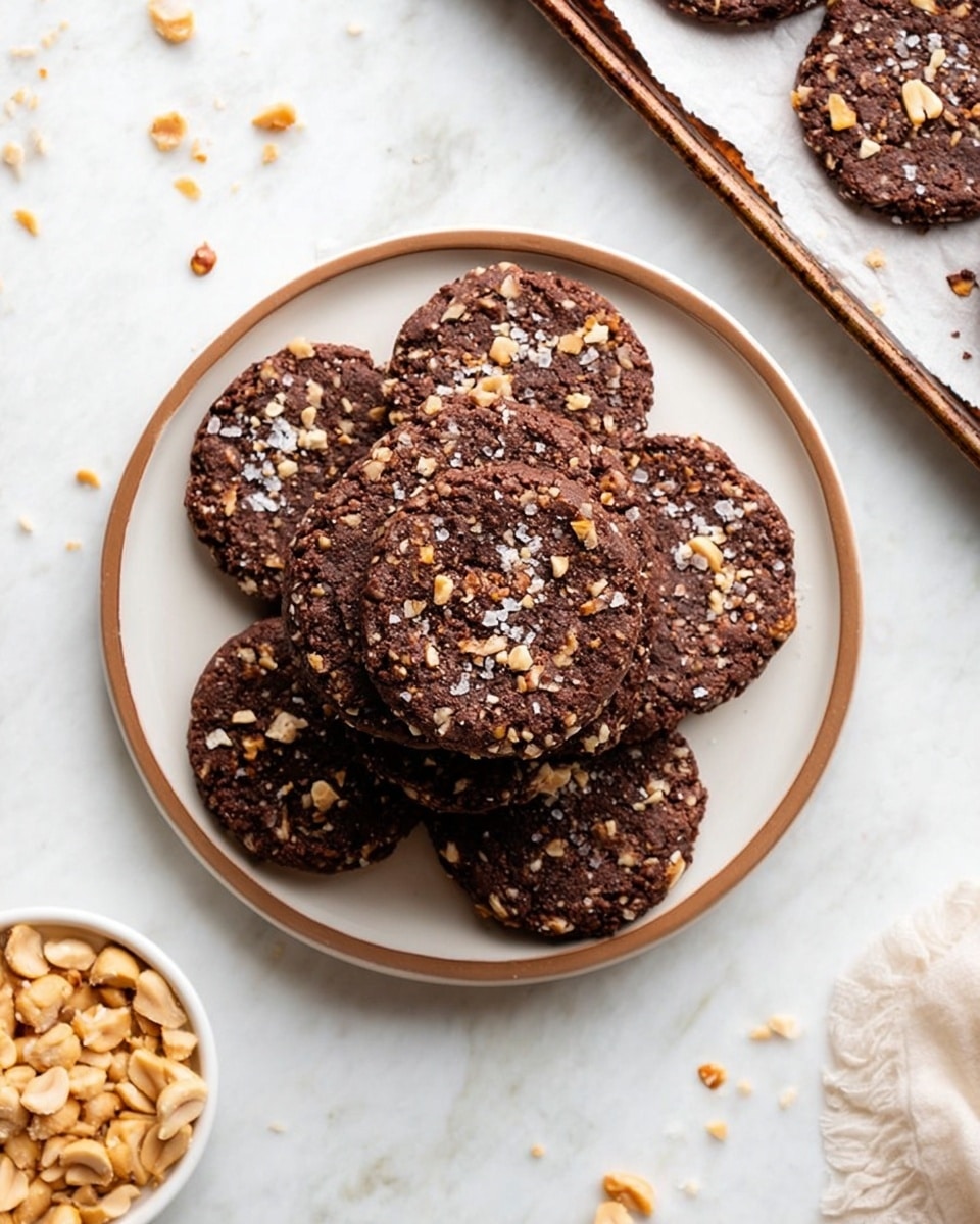 A stack of thick, round dark brown cookies with visible bits of chopped nuts and oats, arranged in layers on a white plate. The top cookie has a bite taken from it, showing a dense, textured inside. The cookies are sprinkled with coarse salt and small nut pieces, giving them a rough, chunky look. The plate with cookies sits on a white marbled surface, with soft, blurred light in the background. photo taken with an iphone --ar 4:5 --v 7
