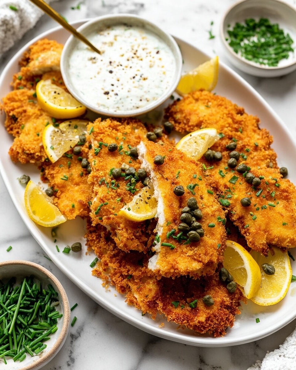 A white oval plate filled with several pieces of crispy golden-brown fried fish fillets, each with a rough crumb coating and a few scattered dark green capers on top. Some fish pieces show the tender white inside where one is slightly broken open. There are three lemon wedges half-placed on top of the fish, sprinkled with small green herbs and black pepper. On the left side of the plate, a small round bowl holds white creamy dipping sauce topped with finely chopped green herbs and pepper, with a gold spoon resting inside. The plate is set on a white marbled surface with a small bowl of chopped chives, a plate with extra lemon slices in the background, and a light beige cloth napkin on the lower right side. photo taken with an iphone --ar 4:5 --v 7