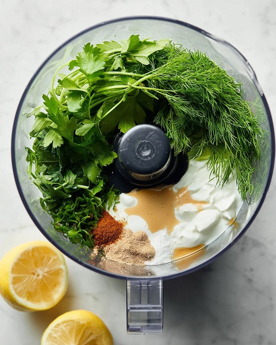 A clear food processor bowl holds several fresh ingredients, arranged in separate areas around the center blade attachment. On the left is a bunch of bright green flat parsley leaves and stems. On the right side are feathery, light green dill sprigs and darker green spinach leaves beneath. Near the top right and center, there are three creamy dollops: white yogurt, a light tan creamy sauce, and a golden honey-like syrup. There are also small piles of white and brown powders sprinkled between the sauces. The food processor sits on a white marbled surface, with two lemon halves placed nearby at the bottom left corner. Photo taken with an iphone --ar 4:5 --v 7