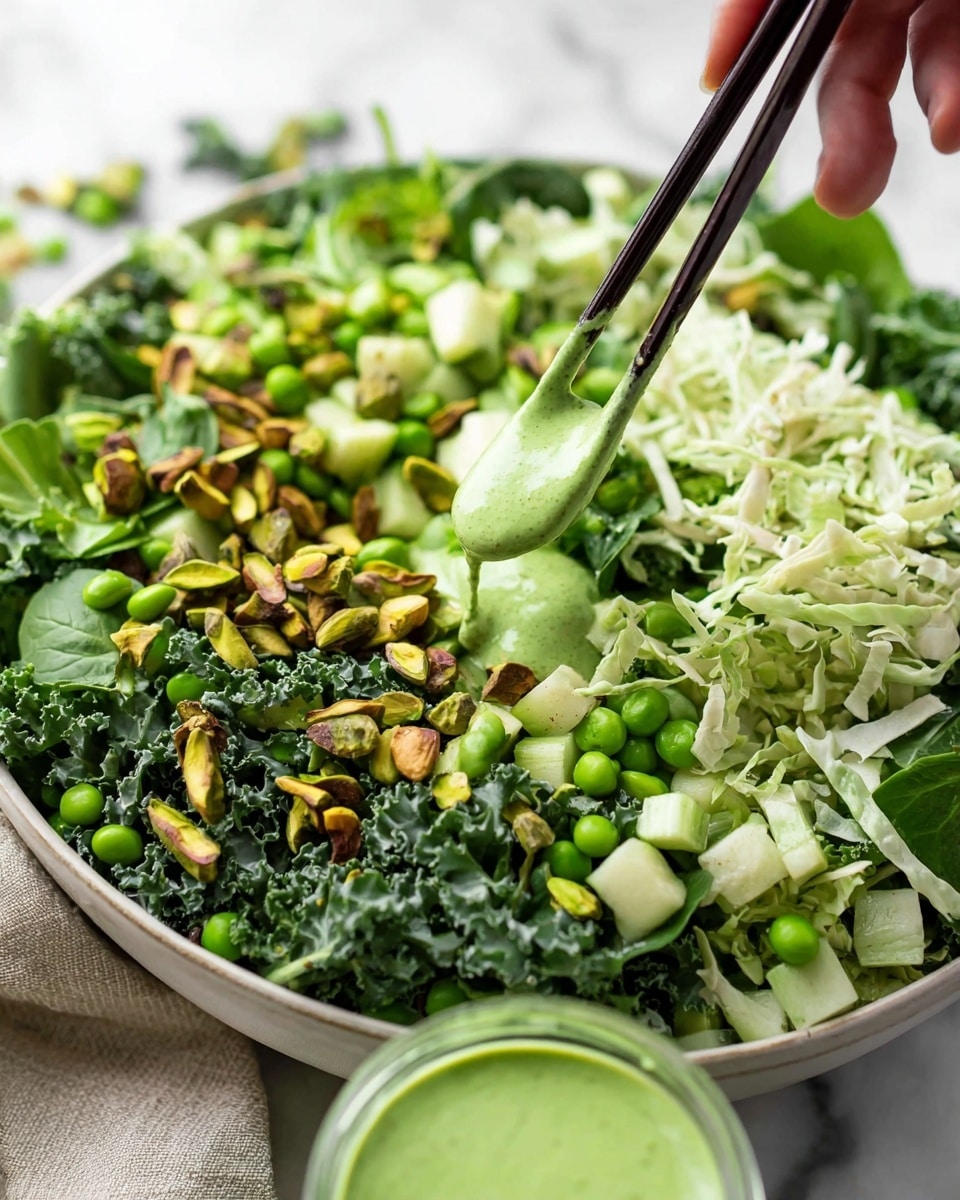 A close-up image of a glass jar filled with thick, creamy light green sauce, showing tiny dark green flecks throughout the smooth texture. A black spoon is held above the jar by a woman’s hand, with sauce dripping slowly back into the jar. The background is a white marbled surface with a soft focus. photo taken with an iphone --ar 4:5 --v 7