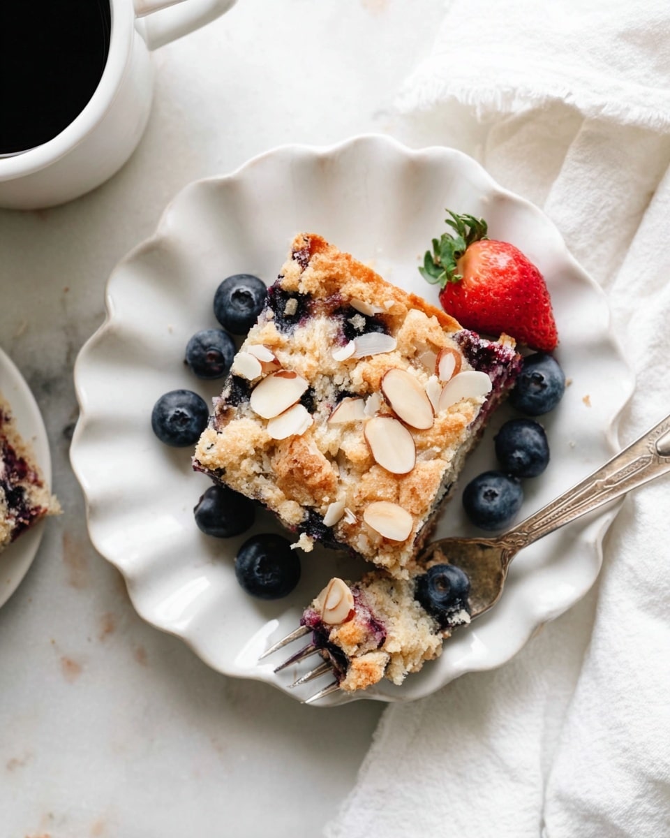 The image shows several square pieces of a berry cake arranged close together on a white marbled surface. Each piece has a golden-brown crumbly top crust with a sprinkling of sliced almonds and a few whole blueberries and halved strawberries placed on top. Inside, the cake layer is light and soft with visible whole blueberries and pieces of red berries spread throughout, creating a colorful contrast inside the pale cake. The texture looks moist and slightly crumbly, with berries adding a fresh fruity look. Photo taken with an iphone --ar 4:5 --v 7