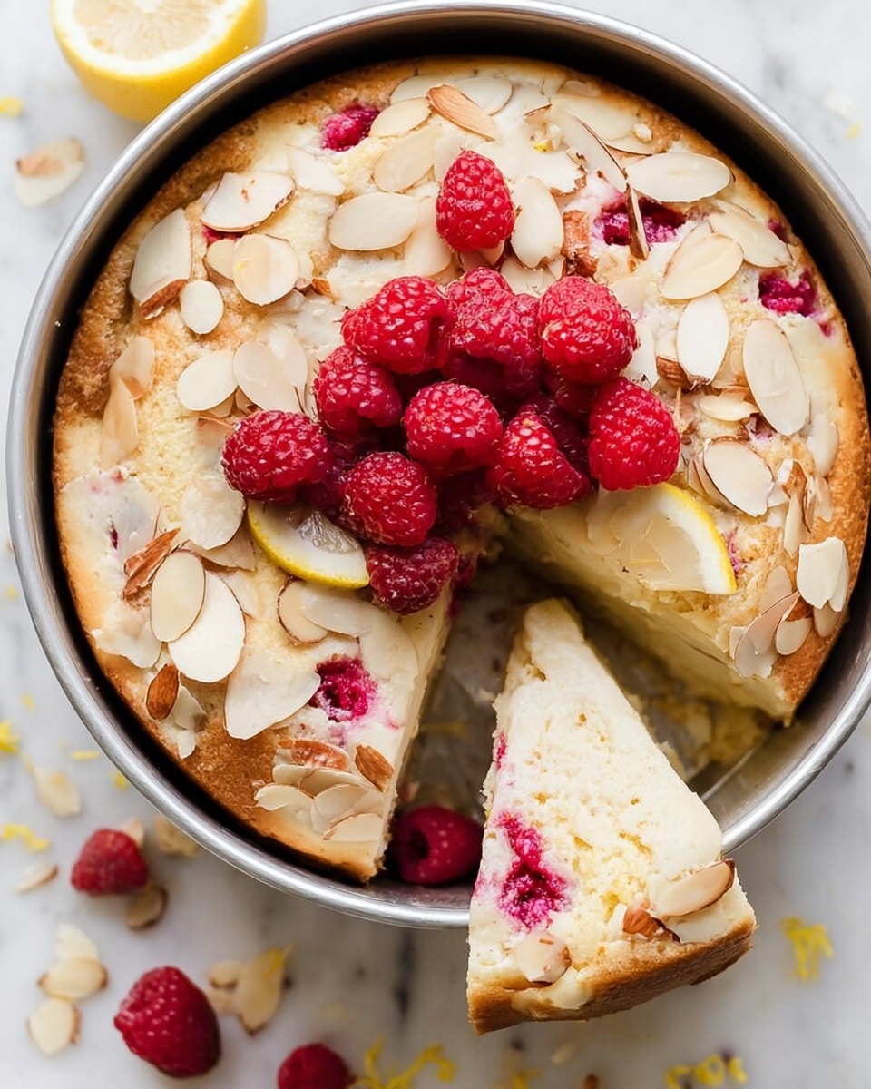 A round lemon cake with a light golden surface sits in a silver baking pan, topped with scattered sliced almonds that add a crisp texture and pieces of lemon wedges adding bright yellow color. Fresh red raspberries cluster in the center, giving a natural vibrant contrast. The cake rests on a white marbled surface with a crumpled white cloth underneath, and nearby are whole lemons and a small white bowl filled with more raspberries. A clear glass jar of white cream with a spoon is placed to the left, completing the fresh and inviting scene. photo taken with an iphone --ar 4:5 --v 7