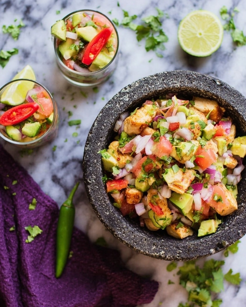 The dish has three layers in a rustic dark gray stone bowl placed on a white marbled surface. The bottom layer contains small pieces of light green avocado with a soft, creamy texture. The middle layer is made up of chopped red and white onions, which look fresh and slightly crunchy. The top layer consists of small, golden pieces of cooked chicken mixed with diced red tomatoes and green herbs, giving a colorful and fresh look. Around the bowl, there are lime halves, green jalapeños, fresh cilantro, and a purple cloth. The photo taken with an iphone --ar 4:5 --v 7