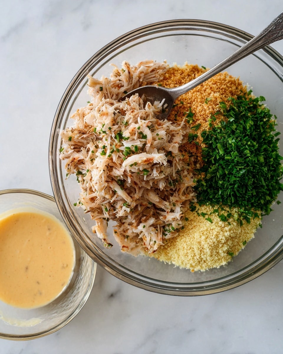 A white speckled plate holds two golden brown crab cakes with a crispy texture, one of which is broken open to show the light, flaky crab meat inside. A dollop of smooth white sauce topped with small green parsley pieces sits on the crab cake in front. Next to the crab cakes is a bright yellow lemon wedge with a slightly shiny surface. A shiny silver fork in a woman's hand holds a bite of crab cake with some white sauce on it. The background is a white marbled texture with some scattered green parsley flakes and part of another white speckled plate with more crab cakes and lemon wedges visible above. Photo taken with an iphone --ar 4:5 --v 7