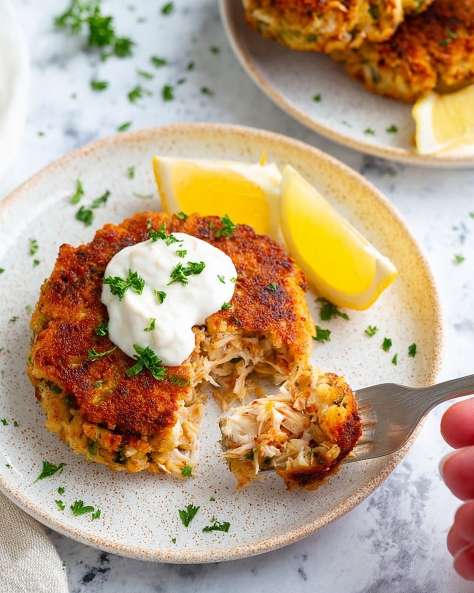 The image shows two golden brown crab cakes on a white speckled plate with a thin brown edge, sitting on a white marbled surface. One crab cake is topped with a dollop of white creamy sauce sprinkled with chopped green herbs. A bright yellow lemon wedge is placed beside the crab cakes on the plate. In the background, another white speckled plate with a crab cake and lemon wedge is partially visible. Nearby are two small white bowls of dipping sauces, one creamy and the other red. The scene has a clean, fresh look, with scattered small green herb pieces adding color. photo taken with an iphone --ar 4:5 --v 7