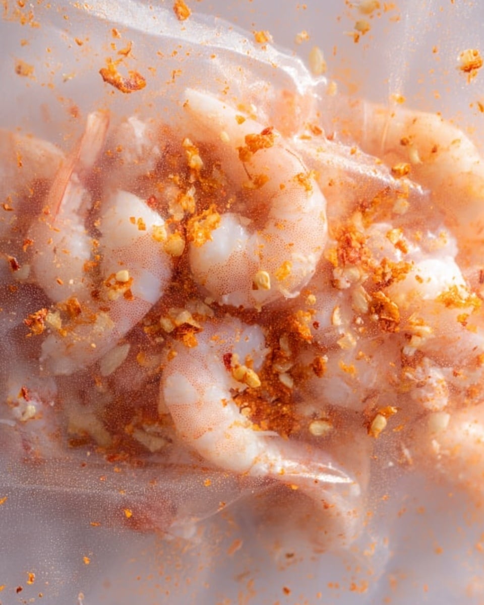 A white plate holds a close-up of cooked shrimp, arranged in overlapping layers. The shrimp are pale pink with red accents and have a soft, slightly textured surface. Small pieces of chopped garlic and green herbs are sprinkled evenly on top, adding color contrast. There are also light orange-red powder spices scattered around the shrimp. Thin, bright yellow lemon slices peek through, placed near the edges of the shrimp. The plate itself has a simple raised edge design and rests on a white marbled surface. Photo taken with an iphone --ar 4:5 --v 7