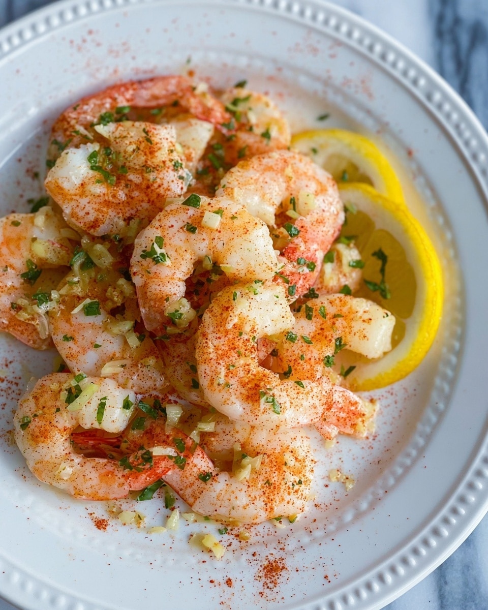 Inside a black air fryer basket, cooked shrimp with orange-pink shells are arranged in a loose circle. The shrimp are sprinkled with green chopped herbs and light red seasoning powder. Two lemon slices with yellow rind and pale yellow inside are placed on the shrimp, adding a fresh look. The background around the basket is a white marbled texture. photo taken with an iphone --ar 4:5 --v 7