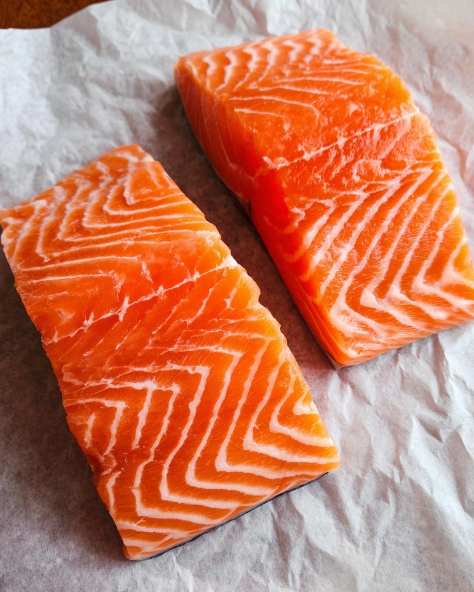 Two pieces of raw salmon fillets lie side by side on a wrinkled sheet of white baking paper. Each fillet shows bright orange flesh with thick white lines running through it in a zigzag pattern, giving a fresh, smooth texture. The salmon pieces are rectangular, thick, and firm, placed on a white marbled surface that adds a clean and bright background to the rich colors of the fish. Photo taken with an iphone --ar 4:5 --v 7