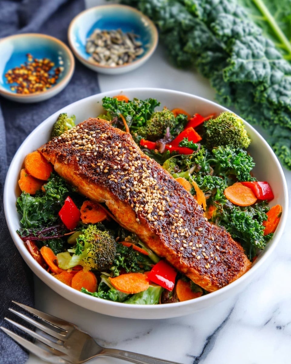 A white bowl holds a meal with two main layers; the bottom layer is a mix of cooked vegetables including bright green broccoli, dark green kale, orange carrot slices, and small red bell pepper pieces. On top is a large piece of salmon with a crispy, dark brown seasoned crust sprinkled with light sesame seeds. The bowl is placed on a white marbled surface with a silver fork resting next to it and a small white bowl with a blue inside filled with seeds and spices nearby. A large leafy green kale leaf is also partly visible behind the bowl. Photo taken with an iphone --ar 4:5 --v 7