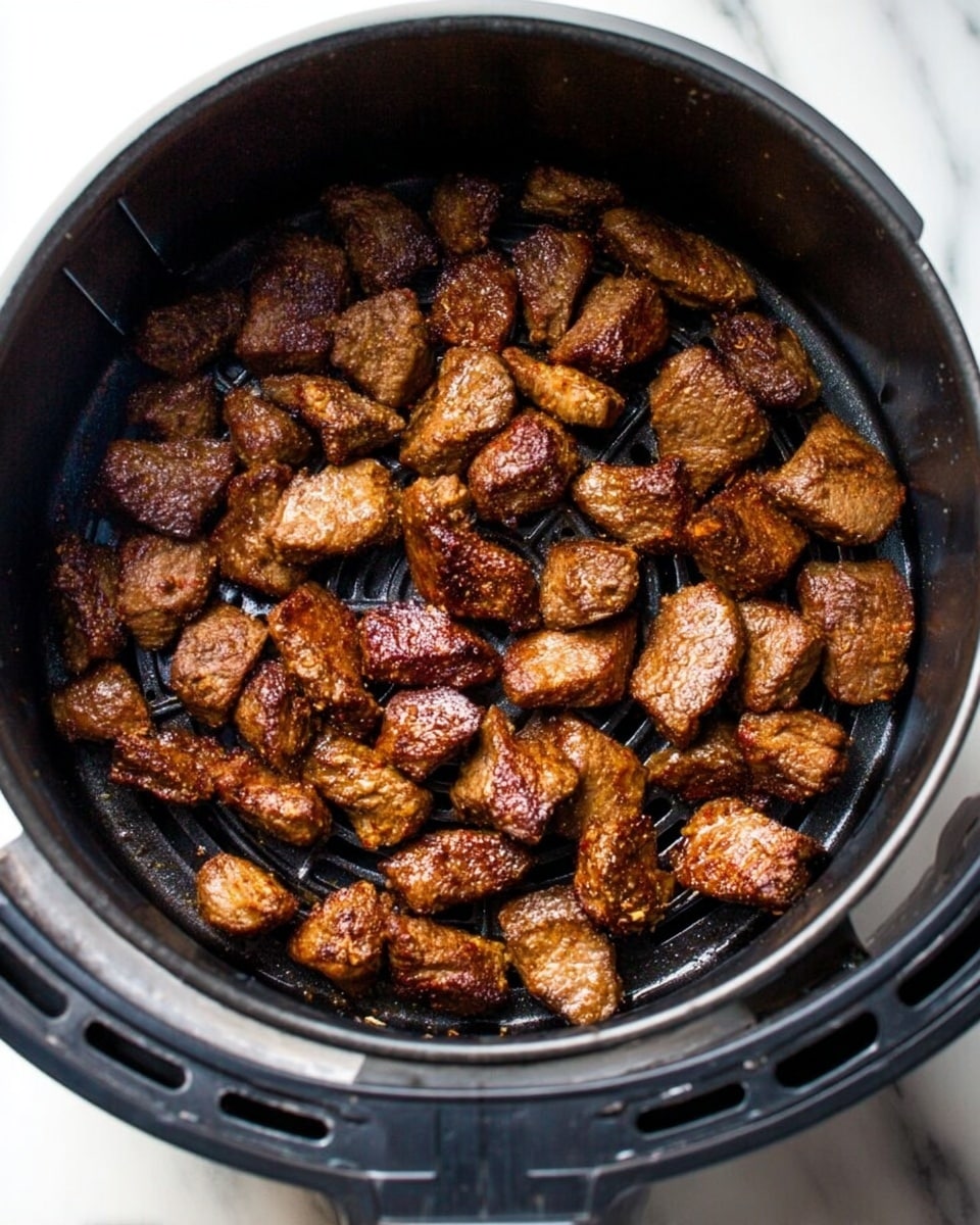 The image shows a white plate filled with several pieces of cooked meat, each piece browned with a slightly glossy surface and sprinkled with chopped green herbs. The meat chunks are irregular in size but all appear tender and juicy. To the left side of the plate, there is a small white bowl filled with a creamy white sauce, also sprinkled with some green herbs on top. A gold fork is placed on the right side of the plate, resting on a white marbled textured surface. The photo taken with an iphone --ar 4:5 --v 7
