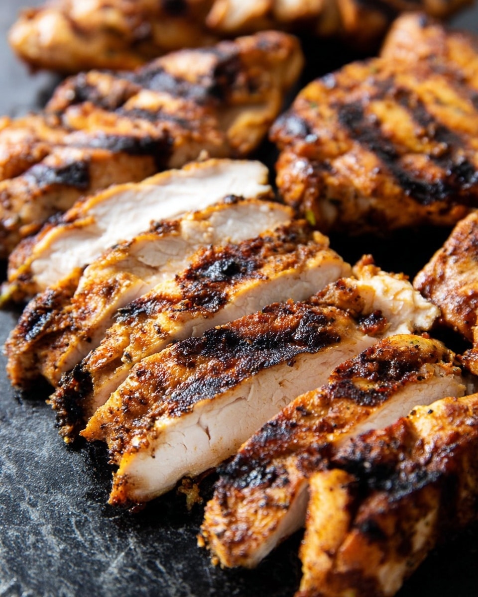 The image shows several pieces of grilled chicken sliced into thick strips. Each piece has a golden brown color with darker char marks scattered across the surface, giving a textured look of crispy edges and juicy inside. The chicken slices are closely arranged on a black cooking surface, showing layers of white cooked meat beneath the browned, spiced outer skin. The background is a white marbled texture. photo taken with an iphone --ar 4:5 --v 7