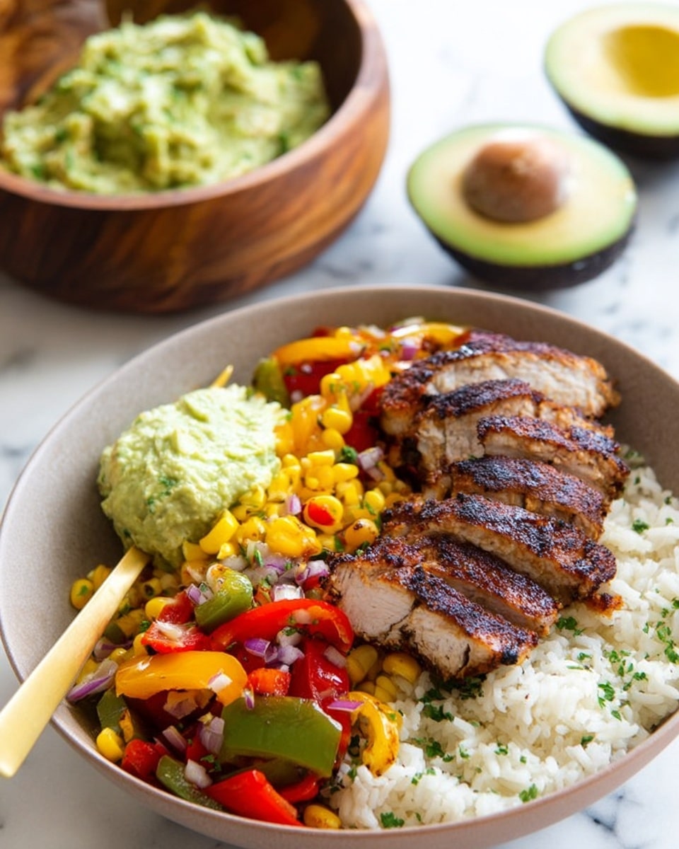 The image shows a bowl with four layers. The bottom layer is white cooked rice with small bits of green herbs mixed in. On top of the rice, there is a colorful mix of yellow corn, red and green bell pepper pieces, and small bits of red onion spread around. Next, there are five slices of grilled dark brown chicken placed diagonally across the bowl. The last layer on the left side is a light green dollop of creamy guacamole. In the background, there is a wooden bowl filled with more guacamole and half a halved avocado nearby on a white marbled surface. A woman’s hand holds a golden fork resting inside the bowl. The photo was taken with an iphone --ar 4:5 --v 7