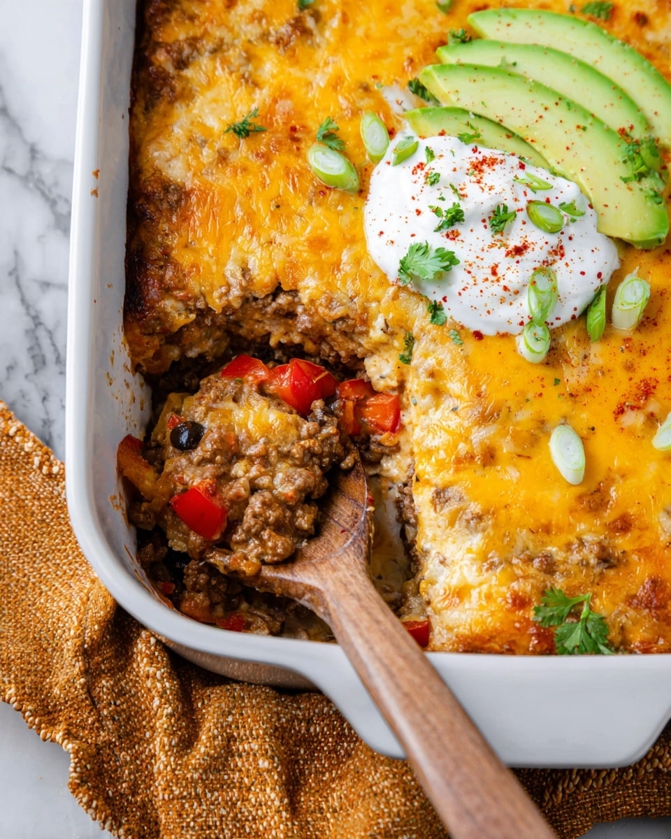A white baking dish filled with a layered casserole showing a base of dark beans and red bell peppers, topped with a thick layer of melted golden-yellow cheese mixed with browned ground meat. On top, there are four dollops of white sour cream sprinkled with red seasoning and chopped green onions. Near each dollop, there are fresh light green avocado slices, some sprinkled with the same red seasoning and chopped green onions. The edges of the dish are slightly browned, and the whole dish sits on a white marbled surface with a textured golden-brown cloth nearby. Photo taken with an iphone --ar 4:5 --v 7
