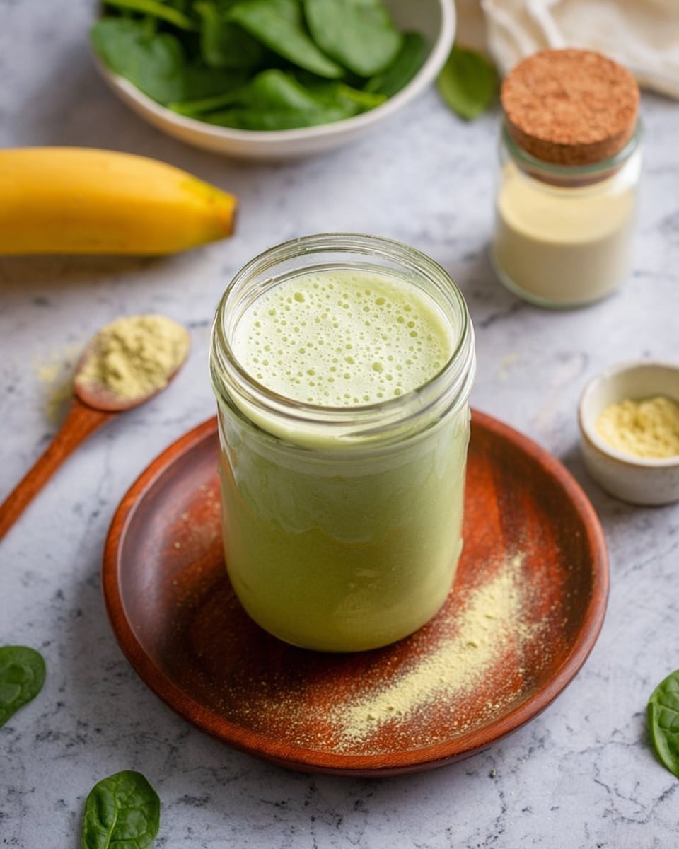 A glass jar filled with a light green smoothie, showing a creamy and frothy top layer with tiny bubbles. The jar sits on a round wooden plate that has some light yellow powder sprinkled on it. In the background, there is a white marbled surface with green spinach leaves scattered around, a white bowl filled with fresh spinach, a ripe yellow banana, a small glass jar with a cork top containing powder, and a small white bowl holding a wooden spoon with powder on it. Photo taken with an iphone --ar 4:5 --v 7