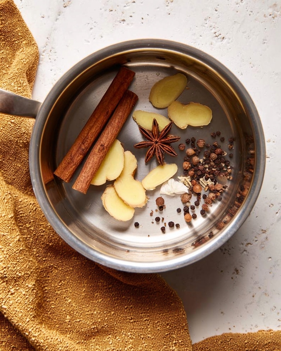 The image shows a creamy white drink inside a white ceramic cup filled to the top, featuring a light swirl of brown spice on the foam surface. The cup has a handle on the right side and sits on a white marbled table. Around the cup, there are two brown cinnamon sticks placed near its base, a few star anise pieces, and a small root of ginger on the right side. In the background, there is a larger light gray ceramic mug also filled with a frothy white drink, along with two small bowls containing brown spices, one in blue and one gray. A mustard-yellow cloth with fringed edges is partially visible on the left side. The photo taken with an iphone --ar 4:5 --v 7