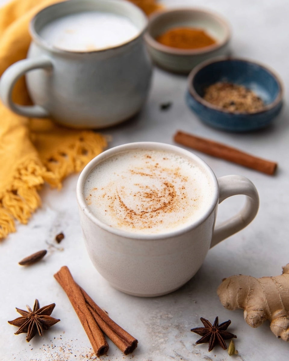 The image shows two white cups filled with creamy spiced latte foam on top. The main cup is full with a smooth swirl of light brown cinnamon powder mixed in the white froth, while the second cup is partly visible with a layer of lighter froth and a light dusting of cinnamon. Around the cups on a white marbled surface are whole cinnamon sticks, a piece of fresh ginger root, star anise, and a small white bowl filled with black peppercorns. The arrangement feels warm and cozy with soft natural light. Photo taken with an iphone --ar 4:5 --v 7