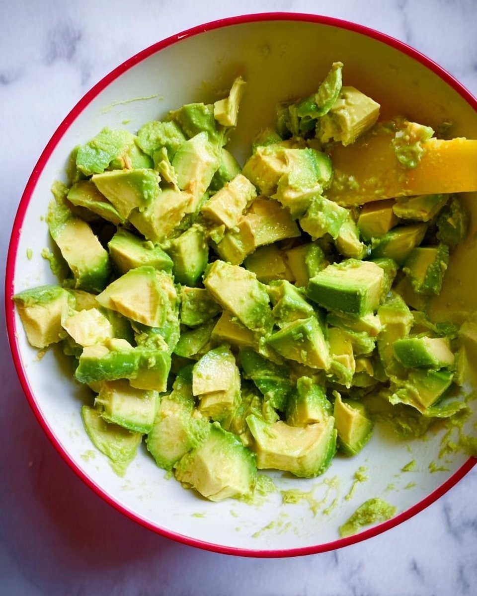 A white bowl filled with guacamole made of mashed green avocado mixed with small chopped red onion pieces, bright red halved cherry tomatoes, and fresh green cilantro leaves. A woman's hand holds a triangular orange tortilla chip with a dollop of guacamole and a piece of cherry tomato on top, positioned over the bowl. In the blurred background, there is a wooden bowl filled with more orange tortilla chips. The surface is a white marbled texture. Photo taken with an iphone --ar 4:5 --v 7