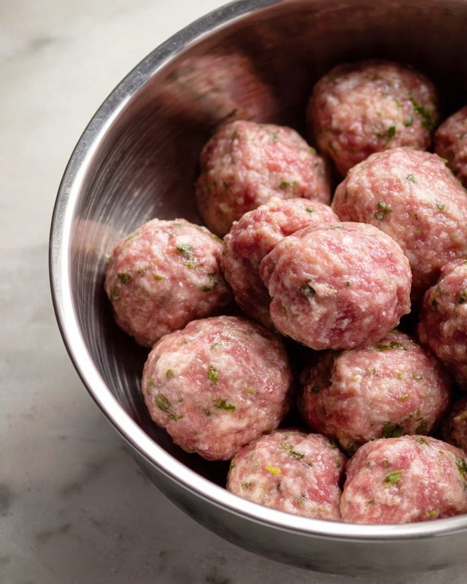 A round silver pan filled with shiny, dark brown meatballs coated in a thick sauce, each topped with small white sesame seeds and light green sliced scallions scattered unevenly over them, with a few whole scallion leaves visible; the pan rests on a white marbled surface with a green scallion stalk and a wooden bowl of sesame seeds partially visible nearby, and a textured yellow cloth beneath the pan's handle. photo taken with an iphone --ar 4:5 --v 7