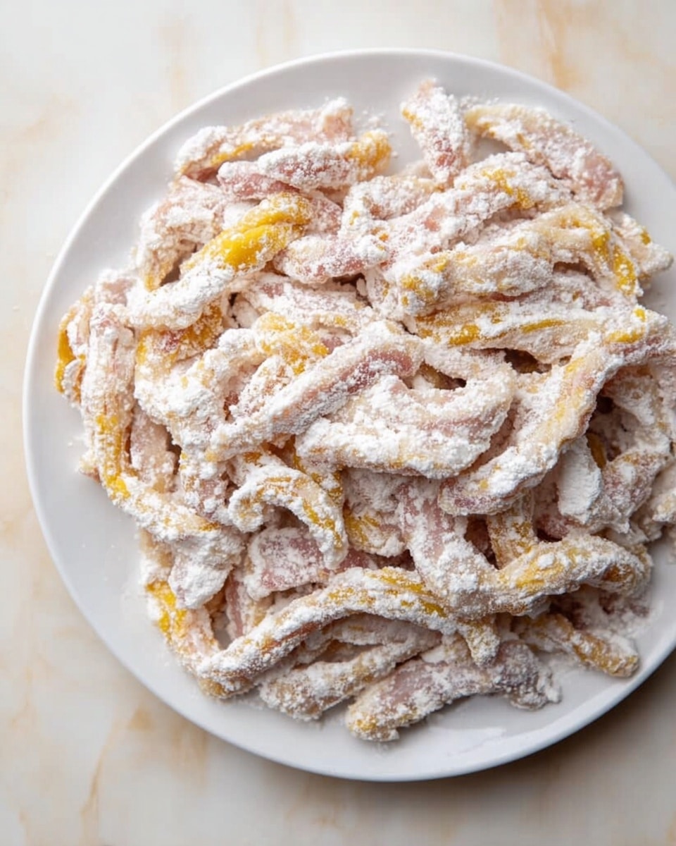 A white plate filled with many strips of raw meat covered in a thick layer of white flour, making the meat mostly hidden beneath the powder. The meat strips show hints of yellow and pink under the flour, and the plate sits on a white marbled surface, giving a clean and bright look. photo taken with an iphone --ar 4:5 --v 7