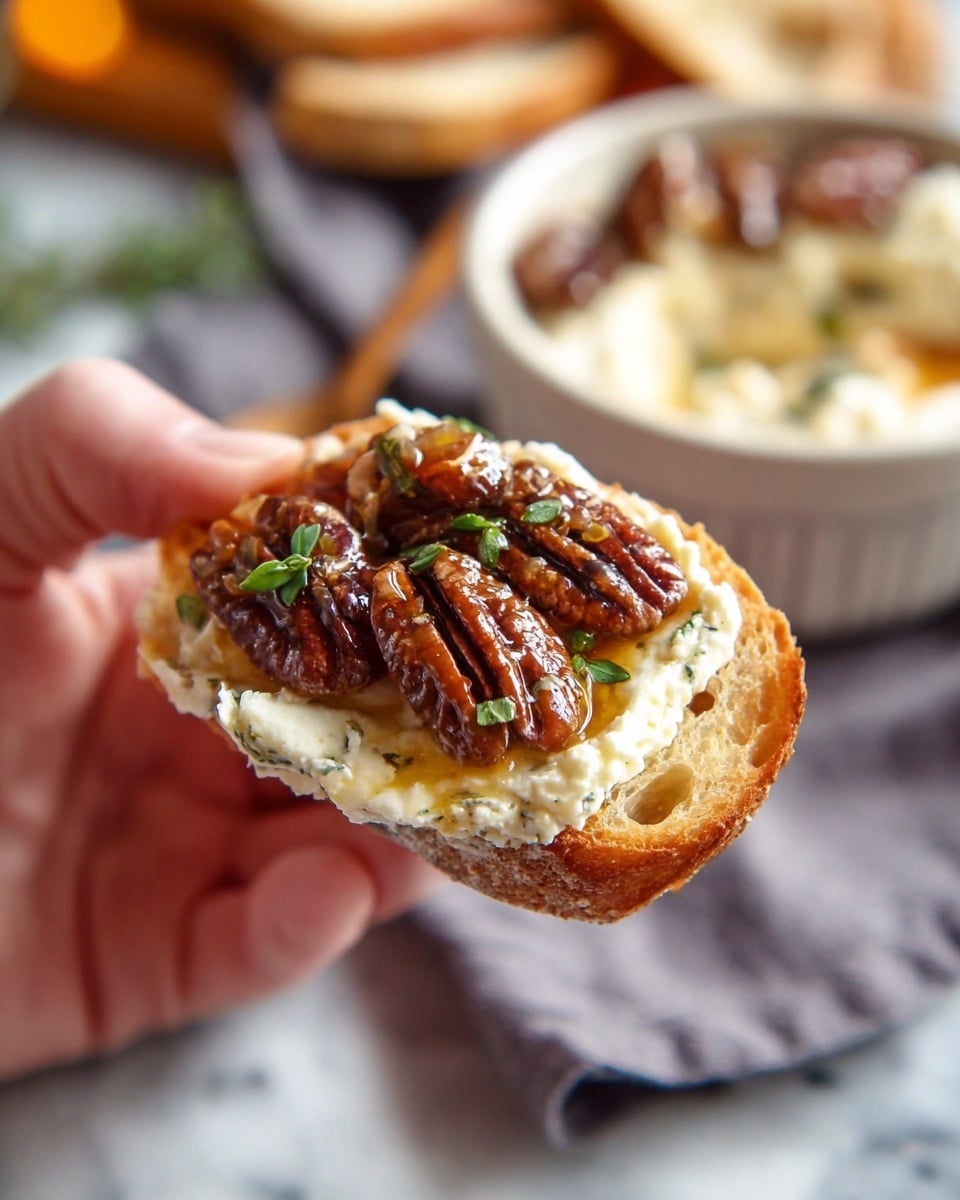 A close-up top view of a bowl filled with three layers: the bottom layer is creamy white cheese, soft and slightly crumbly; on top, a shiny golden-brown syrup coats many glossy, toasted pecans arranged unevenly; fresh green herb leaves are scattered over the pecans for color contrast. The bowl is light beige with a slightly speckled edge, sitting on a white marbled surface with a piece of crusty, soft bread placed beside it. A woman's hand holds a spoon dipping into the bowl photo taken with an iphone --ar 4:5 --v 7