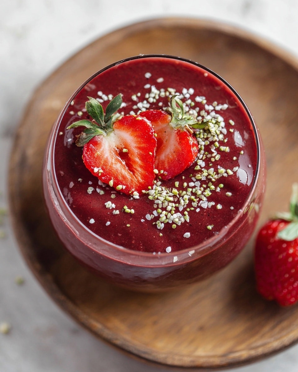 A tall clear glass filled with a thick, deep red smoothie sits on a round white plate with a wooden texture. The smoothie is topped with two halves of a bright red strawberry with green leaves attached and sprinkled with small pale seeds. In the background and around the plate, there are several whole red strawberries and scattered light-colored seeds on a white marbled surface. The image is bright with soft lighting, showing the smoothie’s smooth texture and the glossy freshness of the strawberries photo taken with an iphone --ar 4:5 --v 7