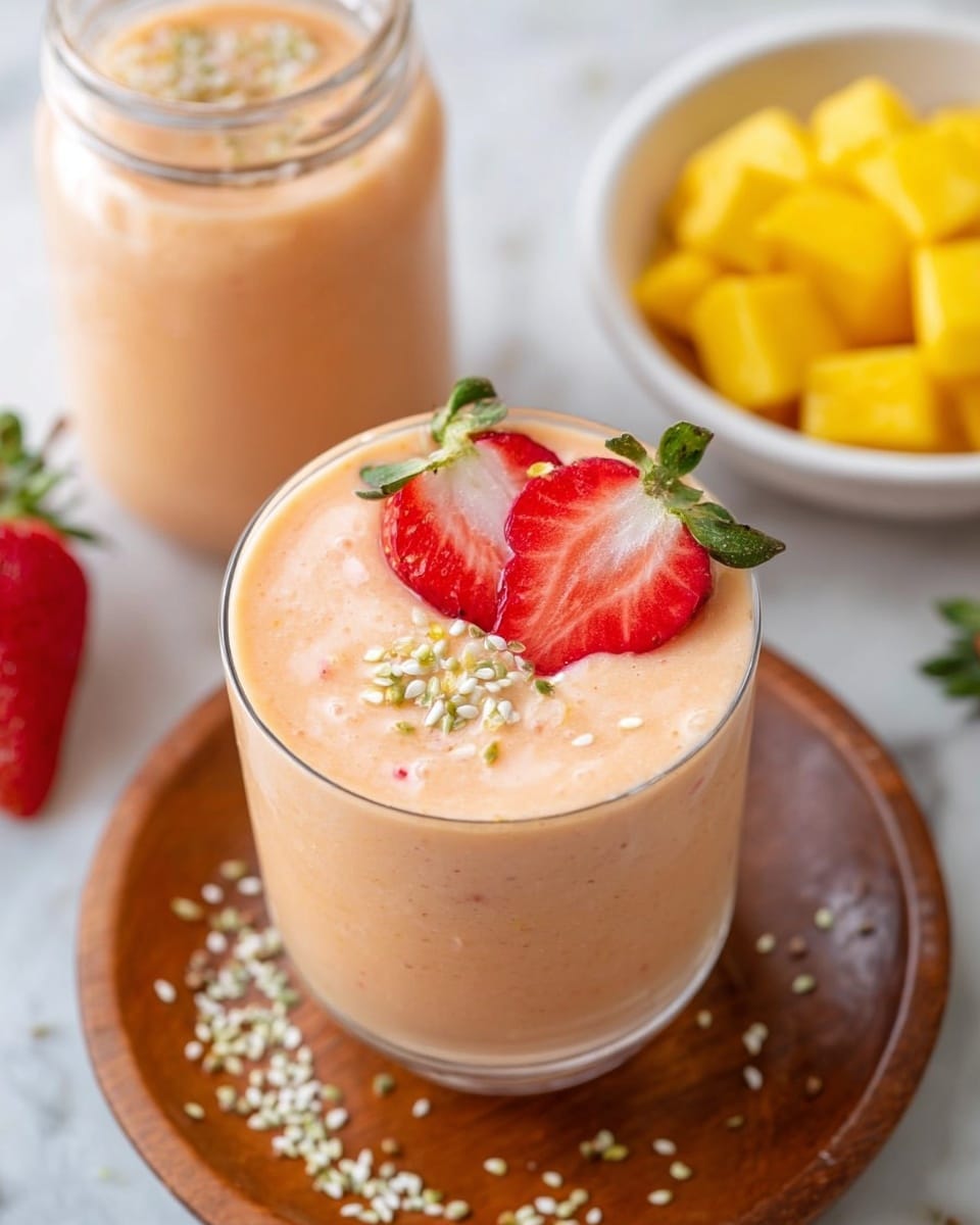 The image shows a glass filled with a smooth, light peach-colored smoothie topped with two strawberry halves placed side by side, showing their bright red and white inside with green leaves at the top, and sprinkled with small white and green seeds. The glass is sitting on a round wooden plate with more of the same seeds scattered around the base. In the background, there is another glass jar filled with the same peach smoothie and a white bowl filled with yellow mango cubes. The surface beneath everything is a white marbled texture. Photo taken with an iphone --ar 4:5 --v 7